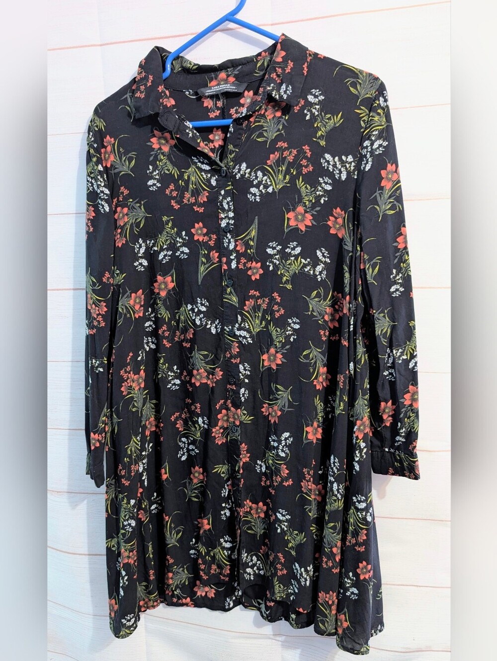 Zara Black Floral Button-Up Tunic Dress Size Medium